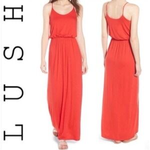 Lush Maxi Dress Women Medium Coral Red Excellent Spaghetti Strap Blouson Waist